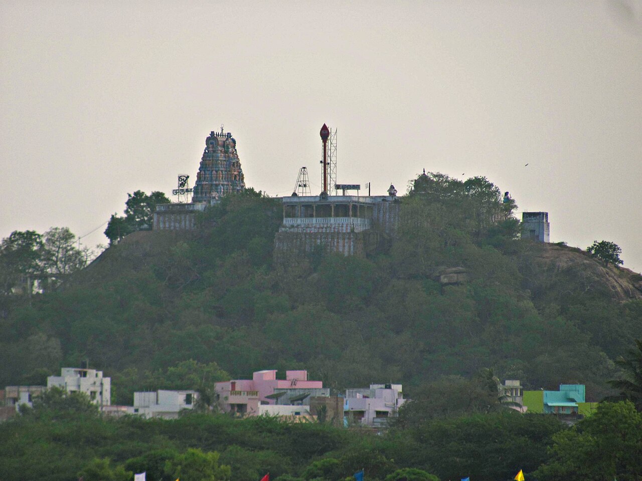 The hilltop Murugan temple at Viralimalai, seen at dusk from the Tiruchi-Madurai highway.