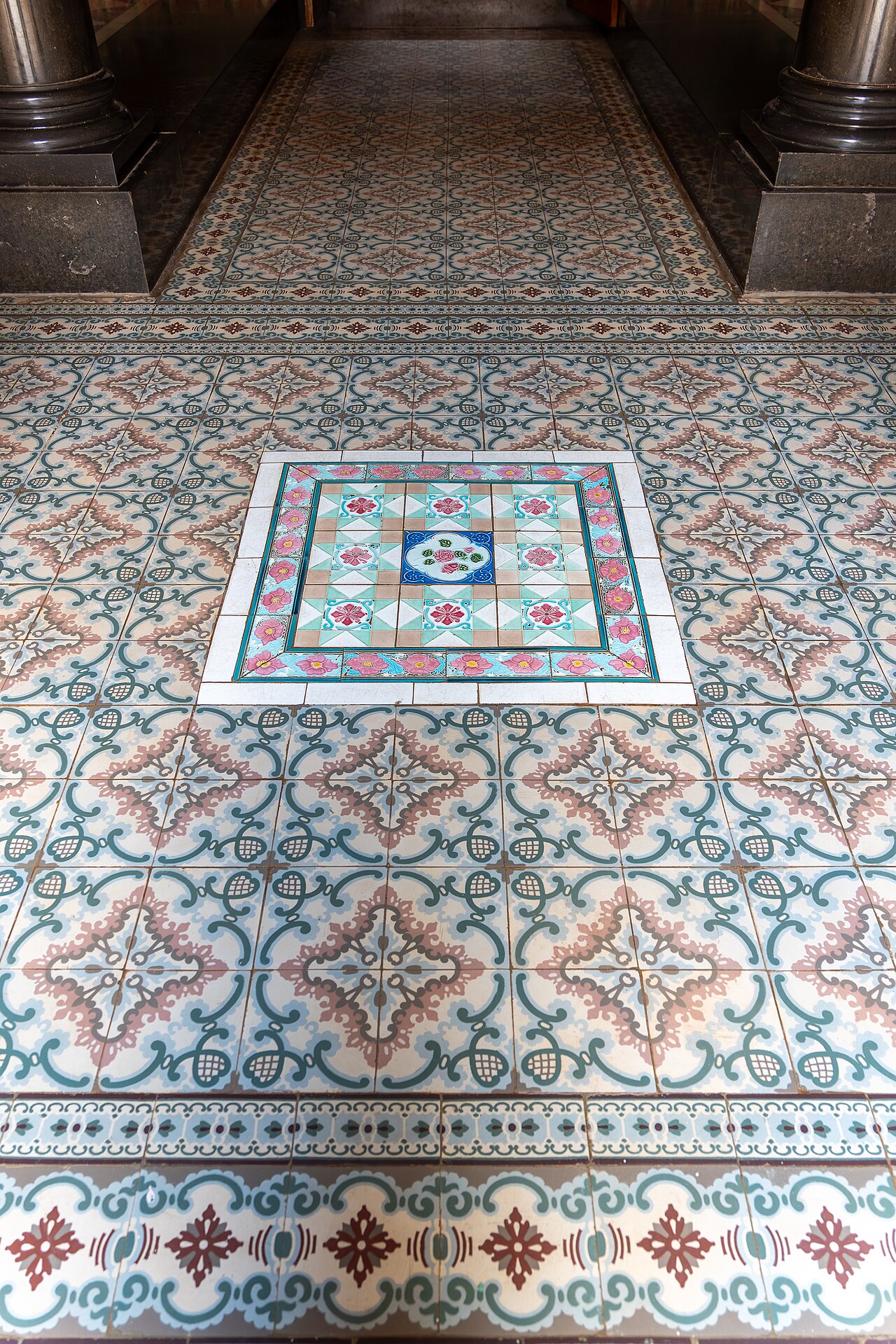 Handmade Athangudi floor tiles inside a Chettinad mansion
