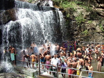 Suruli Falls near Cumbum, a two-stage cascade and one of Theni's most popular waterfalls.
