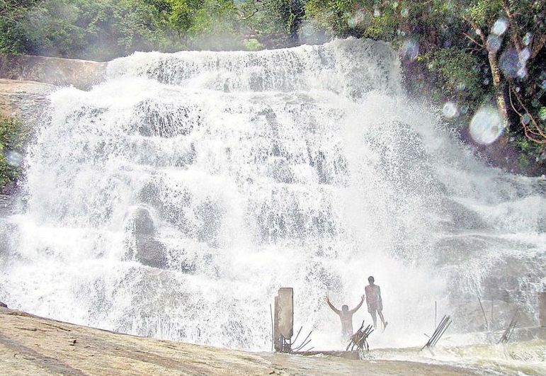 A waterfall in the misty Meghamalai (Highwavys) hills of the Western Ghats.