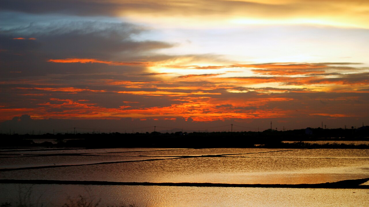 Salt pans at sunset near Thoothukudi, which produces about 70% of Tamil Nadu's salt.