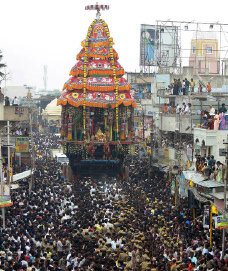 The temple car (ther) procession during a festival at Tiruvannamalai.